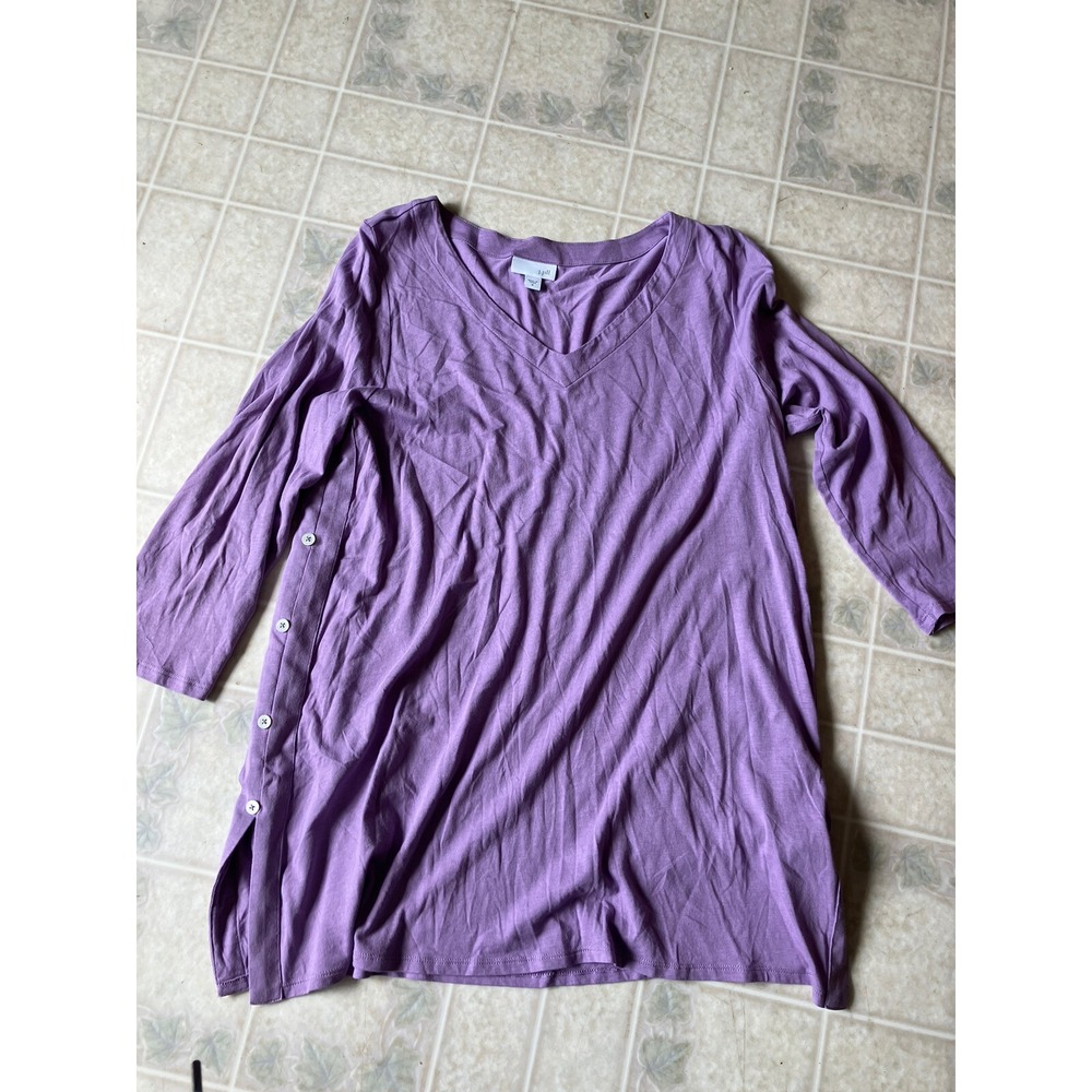 J Jill Womens V-Neck‎ Tunic Lagenlook Medium Purple 3/4 Sleeve Buttons on side